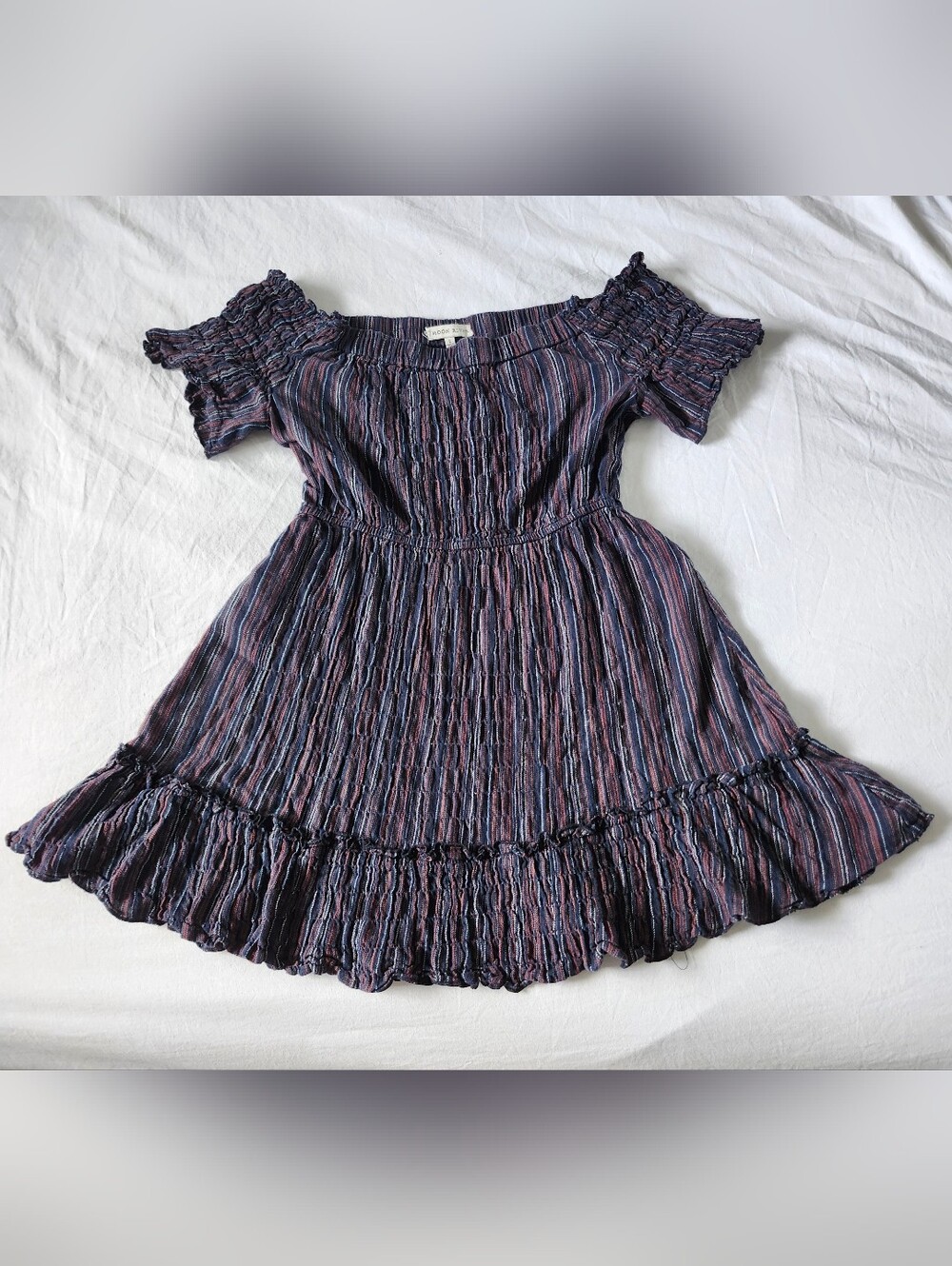 Moon River Navy and Mauve Striped Off-Shoulder Mini Dress